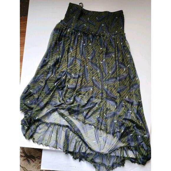 Lapis Women Strapless Sundress L Green Boho Leaf Print High Low Chiffon Festival - Picture 8 of 16
